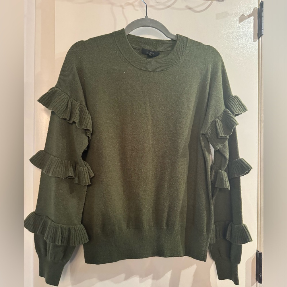 Jcrew green ruffle sleeve sweater